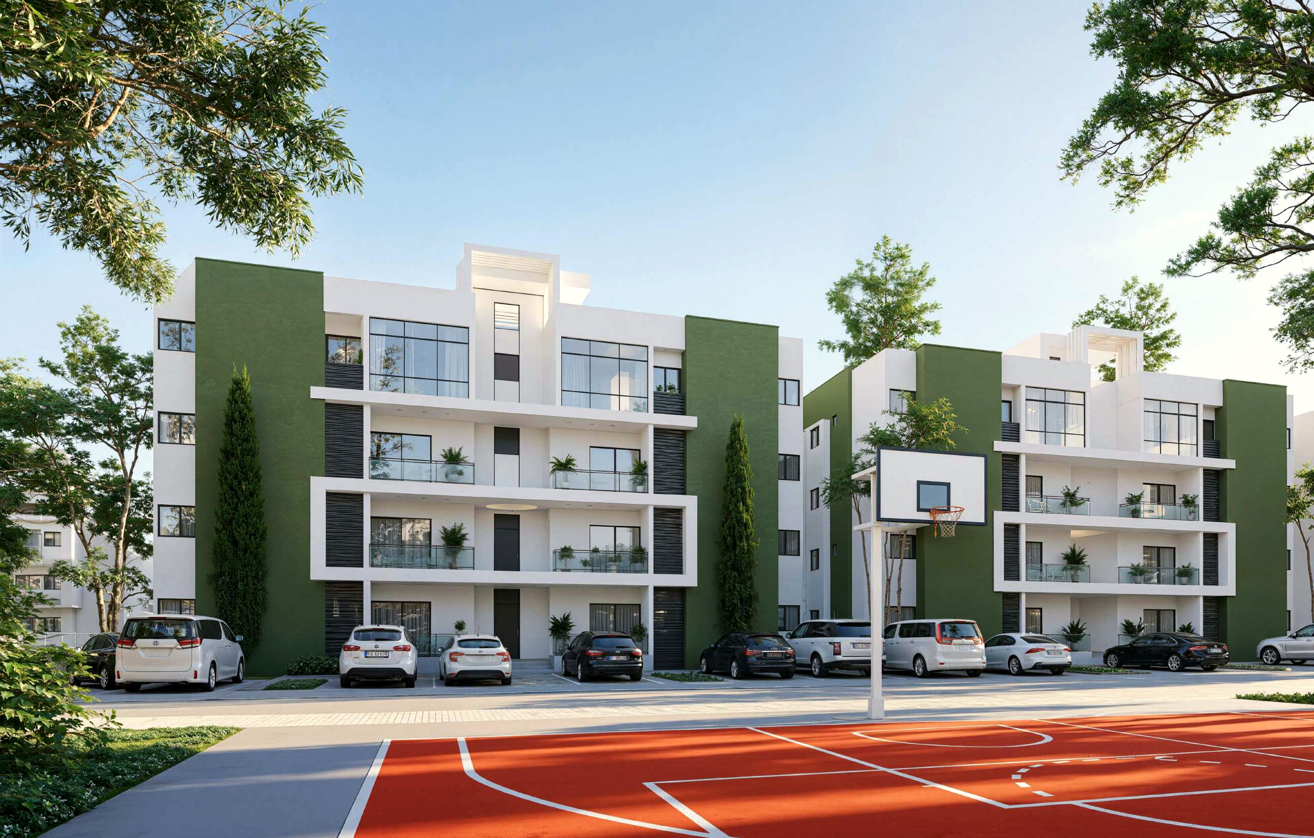 Edificio A y cancha de basketball.