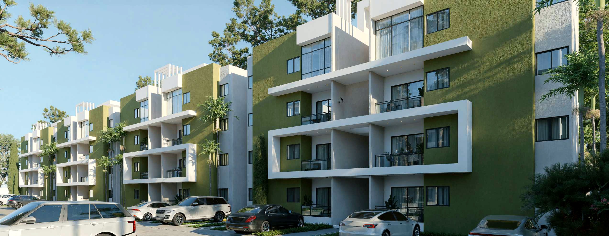 Edificio B y entorno residencial.